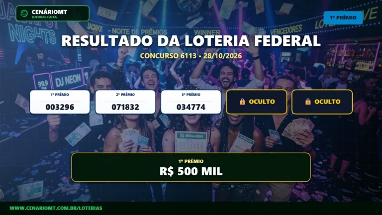 Resultado oficial da Loteria Federal concurso 6113 sorteado em 28/10/2026. Bilhete principal premiado com R$ 500 MIL. Divulgação CenárioMT e Caixa.