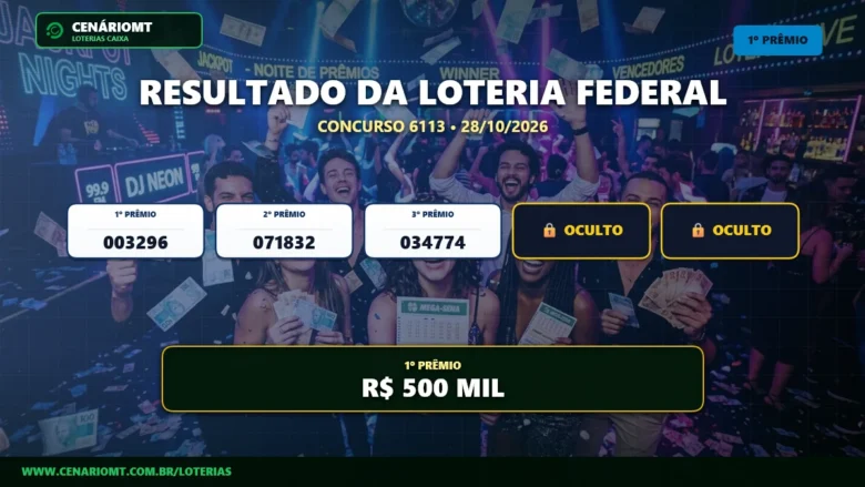 Loteria Federal 6113: veja os cinco bilhetes premiados 1 Resultado oficial da Loteria Federal concurso 6113 sorteado em 28/10/2026. Bilhete principal premiado com R$ 500 MIL. Divulgação CenárioMT e Caixa.