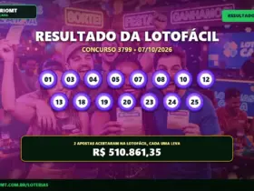Lotofácil 3799 premia duas apostas na faixa principal; próximo concurso paga R$ 6 Milhões 15 Resultado oficial da Lotofácil concurso 3799 de 07/10/2026. Dezenas sorteadas: 01, 03, 04, 05, 07, 08, 10, 12, 13, 18, 19, 20, 23, 24, 25. Prêmio estimado em R$ 510.861,35.