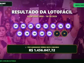 Resultado oficial da Lotofácil concurso 3808 de 19/10/2026. Dezenas sorteadas: 01, 04, 07, 10, 12, 13, 14, 15, 17, 18, 19, 20, 21, 22, 24. Prêmio estimado em R$ 1.456.047,72.