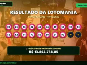 Resultado oficial da Lotomania concurso 2989 de 19/10/2026. Dezenas sorteadas: 06, 25, 26, 32, 45, 46, 49, 50, 51, 53, 58, 62, 74, 77, 85, 90, 91, 92, 96, 99. Prêmio estimado em R$ 13.862.738,85.