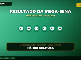 Mega-Sena 3067 acumula e próximo prêmio chega a R$ 100 milhões 30 Resultado oficial da Mega-Sena concurso 3067 de 06/10/2026. Dezenas sorteadas: 01, 04, 17, 33, 41, 52. Prêmio acumulou para R$ 100 MILHÕES.