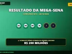 Resultado oficial da Mega-Sena concurso 3072 de 20/10/2026. Dezenas sorteadas: 02, 06, 09, 16, 31, 40. Prêmio acumulou para R$ 200 MILHÕES.