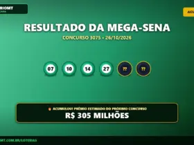 Resultado oficial da Mega-Sena concurso 3075 de 26/10/2026. Dezenas sorteadas: 07, 10, 14, 27, 36, 55. Prêmio acumulou para R$ 305 MILHÕES.