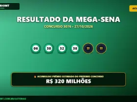 Resultado oficial da Mega-Sena concurso 3076 de 27/10/2026. Dezenas sorteadas: 06, 30, 32, 38, 49, 57. Prêmio acumulou para R$ 320 MILHÕES.