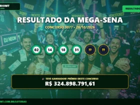 Resultado oficial da Mega-Sena concurso 3077 de 28/10/2026. Dezenas sorteadas: 02, 14, 18, 31, 35, 40. Prêmio estimado em R$ 324.898.791,61.