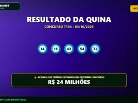 Resultado oficial da Quina concurso 7134 de 03/10/2026. Dezenas sorteadas: 14, 15, 43, 54, 72. Prêmio acumulou para R$ 24 MILHÕES.