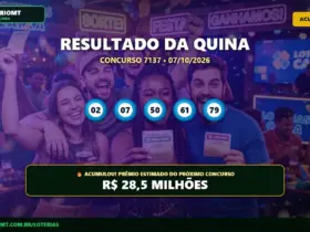 Quina 7137 acumula e prêmio sobe para R$ 28,50 Milhões 12 Resultado oficial da Quina concurso 7137 de 07/10/2026. Dezenas sorteadas: 02, 07, 50, 61, 79. Prêmio acumulou para R$ 28,5 MILHÕES.