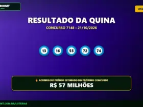 Quina 7148: veja as dezenas e o prêmio de R$ 57 milhões 18 Resultado oficial da Quina concurso 7148 de 21/10/2026. Dezenas sorteadas: 13, 16, 55, 72, 74. Prêmio acumulou para R$ 57 MILHÕES.