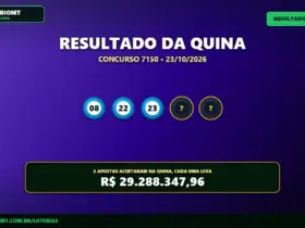 Resultado oficial da Quina concurso 7150 de 23/10/2026. Dezenas sorteadas: 08, 22, 23, 61, 67. Prêmio estimado em R$ 29.288.347,96.