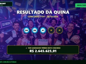 Resultado oficial da Quina concurso 7154 de 28/10/2026. Dezenas sorteadas: 06, 08, 41, 44, 45. Prêmio estimado em R$ 2.645.625,01.