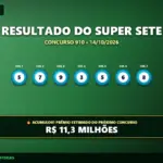 Resultado oficial da Super Sete concurso 910 de 14/10/2026. Dezenas sorteadas: 5, 7, 9, 3, 5, 6, 8. Prêmio acumulou para R$ 11,3 MILHÕES.