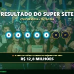 Resultado oficial da Super Sete concurso 916 de 28/10/2026. Dezenas sorteadas: 0, 8, 9, 0, 2, 5, 1. Prêmio acumulou para R$ 12,8 MILHÕES.