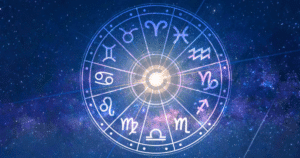 Signos do zodíaco dentro do círculo do horóscopo no universo.