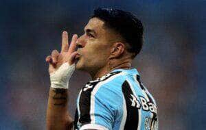 Luis Suárez festeja gol do Grêmio. Foto: Divulgação