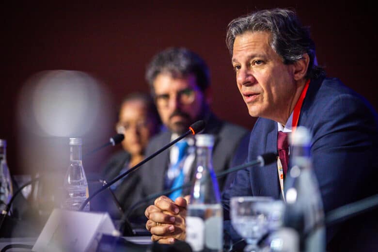 12/10/2023, O ministro da Fazenda, Fernando Haddad, durante reunião do FMI em Marrocos. Foto:Diogo Zacarias/MF