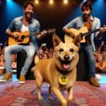 O palco estava agitado, a música rolando solta e, de repente, quem aparece? Um cachorrinho caramelo, todo charme e simpatia!