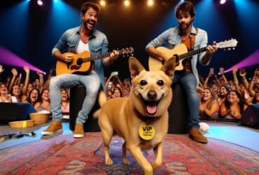 O palco estava agitado, a música rolando solta e, de repente, quem aparece? Um cachorrinho caramelo, todo charme e simpatia!