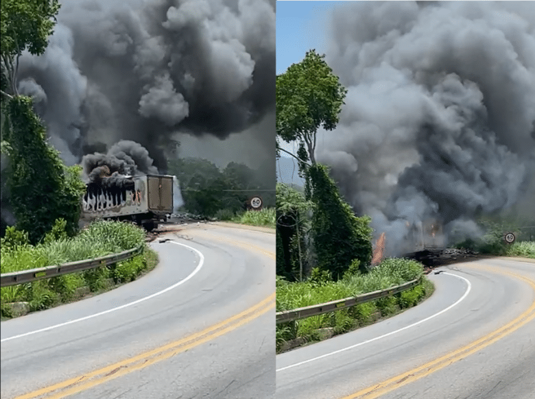 Caminhões pegam fogo em acidente na BR-070 em Cáceres