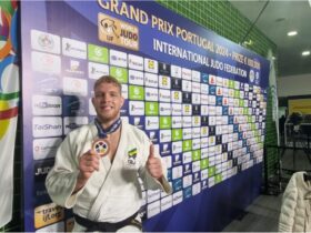 Judoca Rafael Buzacarini (100kg) fatura bronze na categoria dos 100 kg, no Grand Prix de Portugal, em 28/01/2024 Por: Bruna Muassab/CBJ/Direitos Reservados