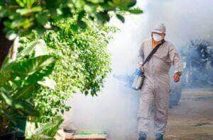 Dengue - Trabalhador de saúde ao ar livre usando máquina de nebulização pulverizando produtos químicos para eliminar mosquitos e prevenir a dengue na área de favela - Fotos do Canva
