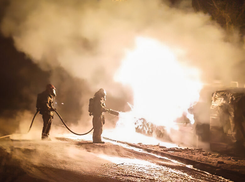 Bairro Goiânia, BH, divisa c/Sabará, próximo ao Anel Rodoviário. Caminhão tanque tomba, explode e o #fogo se alastra pelo combustível que escorreu pela via. Foto: Bombeiros MG/Divulgação