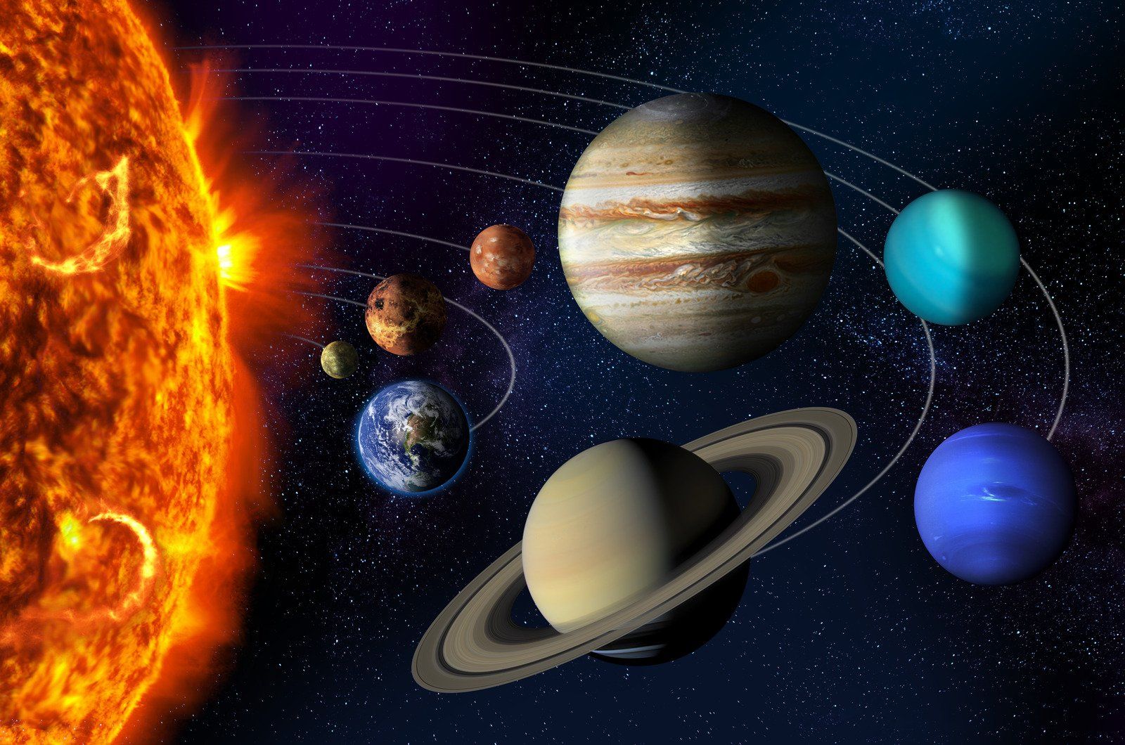 Sol e os planetas do sistema solar em órbita - Fotos do Canva