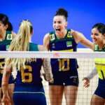 Seleção faz 3 sets a 0 na Bulgária, em penúltimo jogo da fase classificatória da Liga das Nações de Vôlei Feminino, em 16/06/2024 Por: Divulgação/Volleyball World