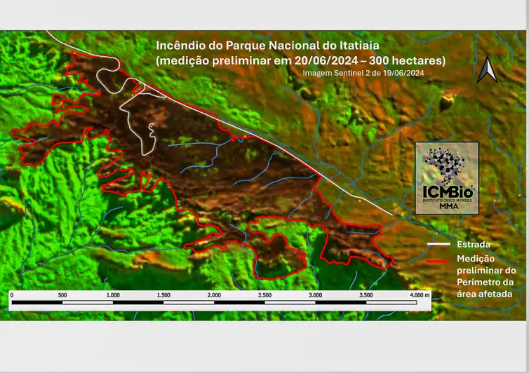 Brasília (DF) 20/06/2024 - Mapa de incêndio do Parque Nacional do Itatiaia. Arte PNI/ ICMBio