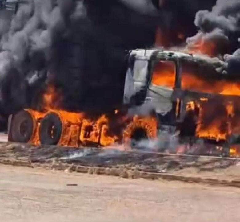 Carreta com bois pega fogo em Cáceres e animais fogem desesperados