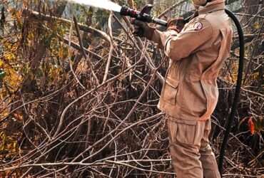 Bombeiros combatem incêndio em terreno baldio próximo ao Fórum de Cuiabá