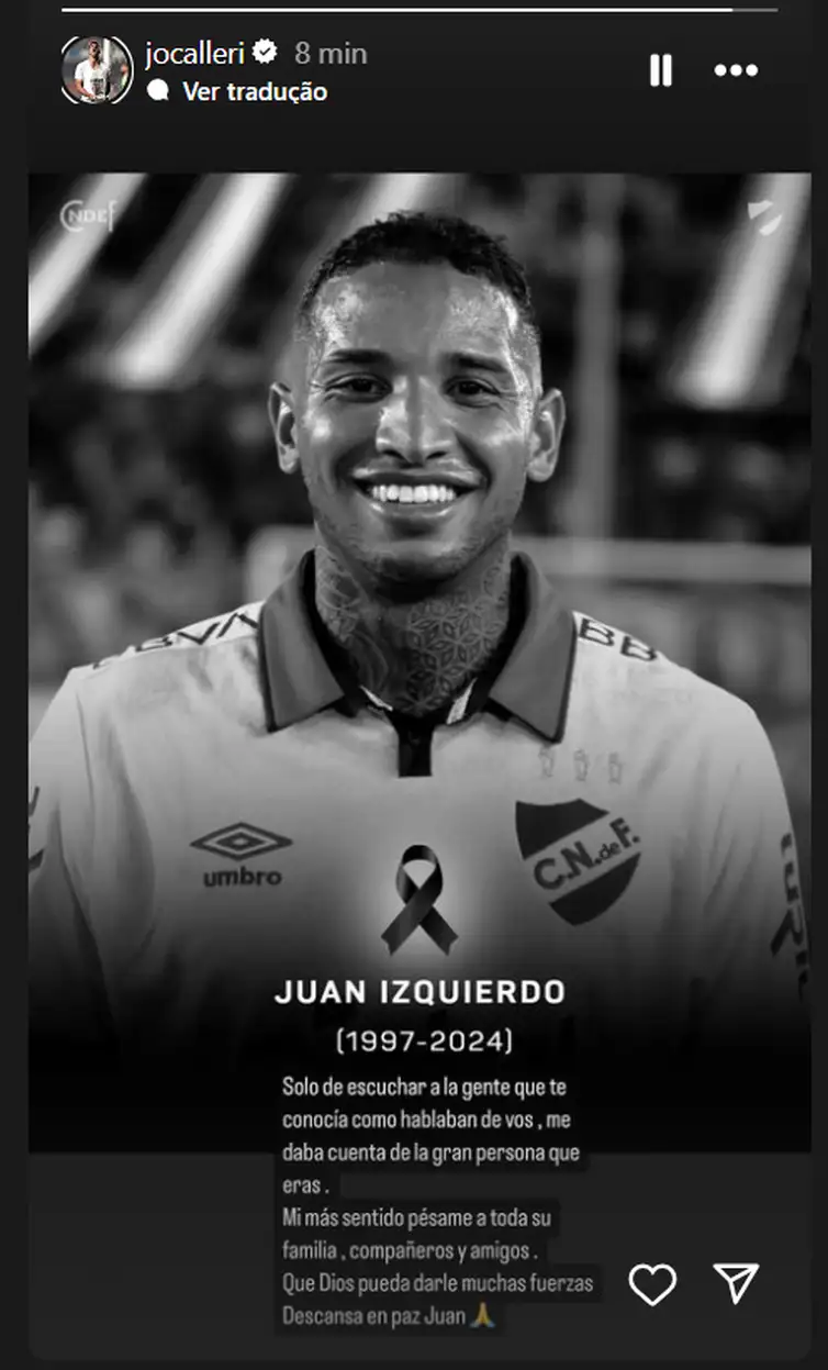 Condolências pela morte de Juan Izquierdo prestadas por Calleri, jogador do São Paulo - em 28/08/2024