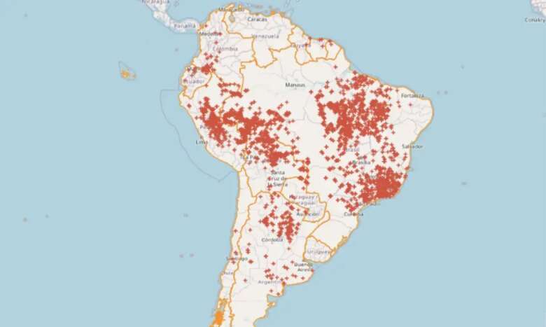 Brasília (DF), 14/09/2024 - Mapa de queimadas na América do Sul e Brasil. Foto: terrabrasilis/reprodução