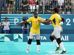 Paris-França 01/09/2024 Jogadores do Brasil comemoram o gol de Jefinho (camisa 7). Crédito: Ale Cabral/CPB