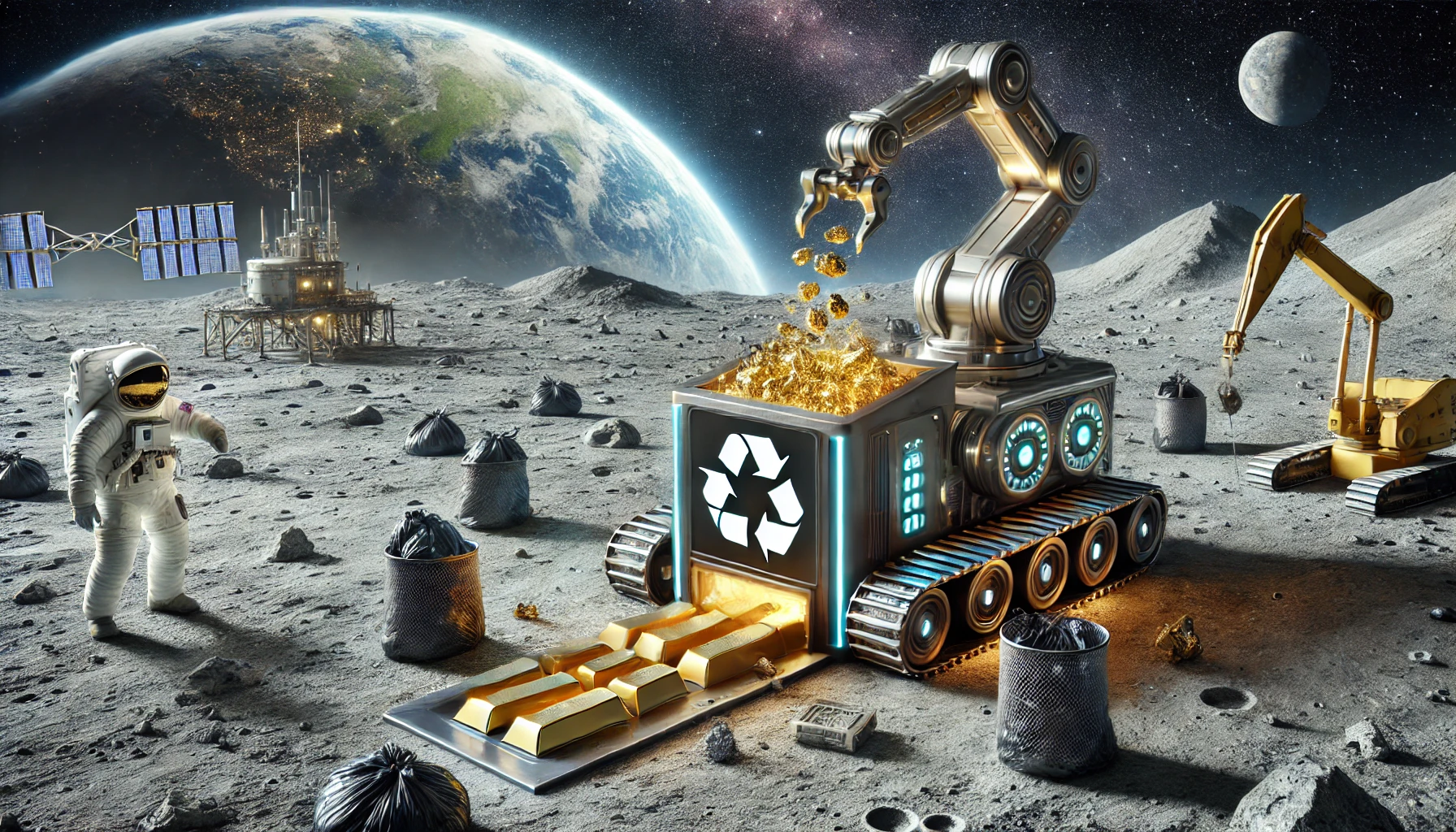 Máquina transformando lixo em ouro na lua
