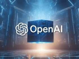 Logo da OpenAI com fundo tecnológico