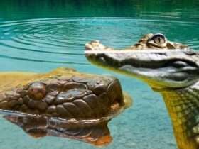 Incrível! Guia de turismo flagra briga entre sucuri e jacaré