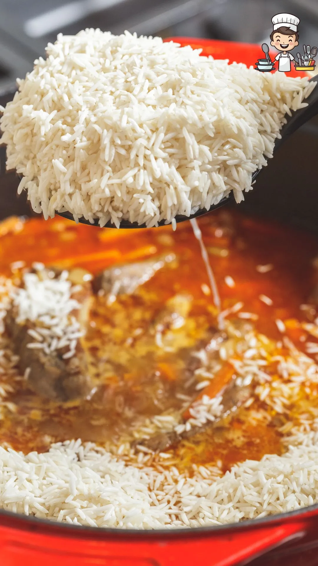 Panela com o arroz sendo adicionado