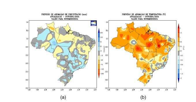 Figura 1: Previsão de anomalias de (a) precipitação e (b) temperatura média do ar do modelo climático do INMET, para o mês de novembro de 2024