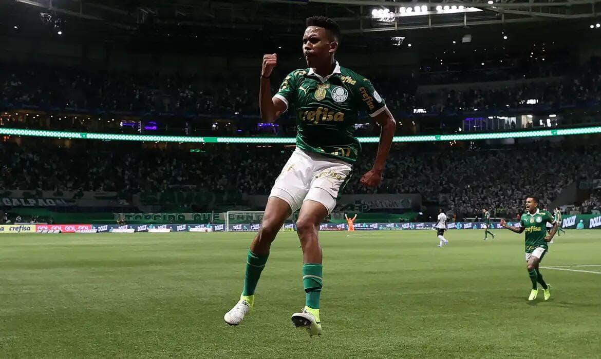 O jogador Estêvão, da SE Palmeiras, comemora seu gol contra a equipe do Grêmio FBPA, durante partida válida pela trigésima terceira rodada, do Campeonato Brasileiro, Série A, na arena Allianz Parque.