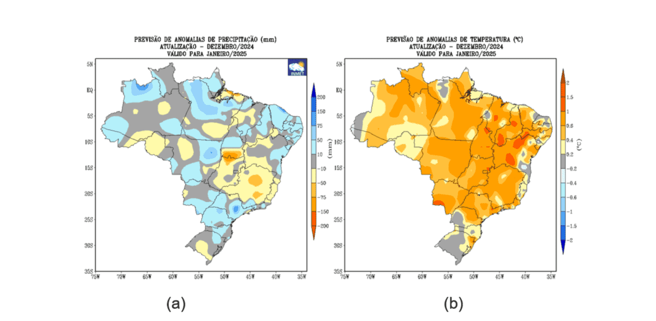 Figura 1: Previsão de anomalias de (a) precipitação e (b) temperatura média do ar do modelo climático do INMET, para o mês de janeiro de 2025.