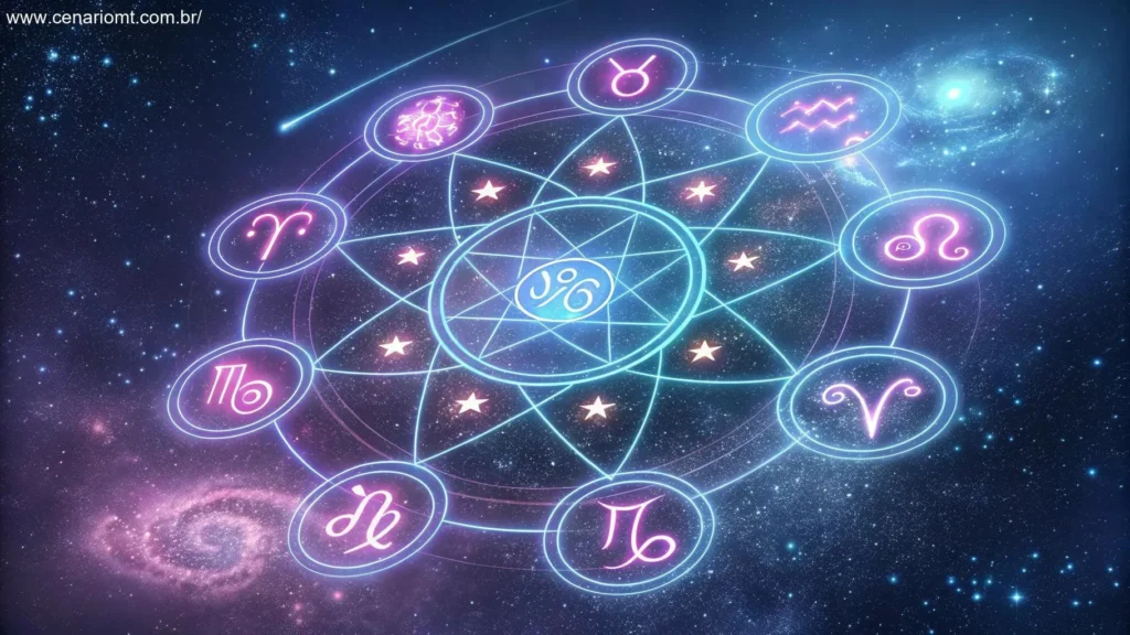 Ilustração cósmica de Áries conectando-se com outros signos, com constelações entrelaçadas e linhas brilhantes formando uma rede harmoniosa.