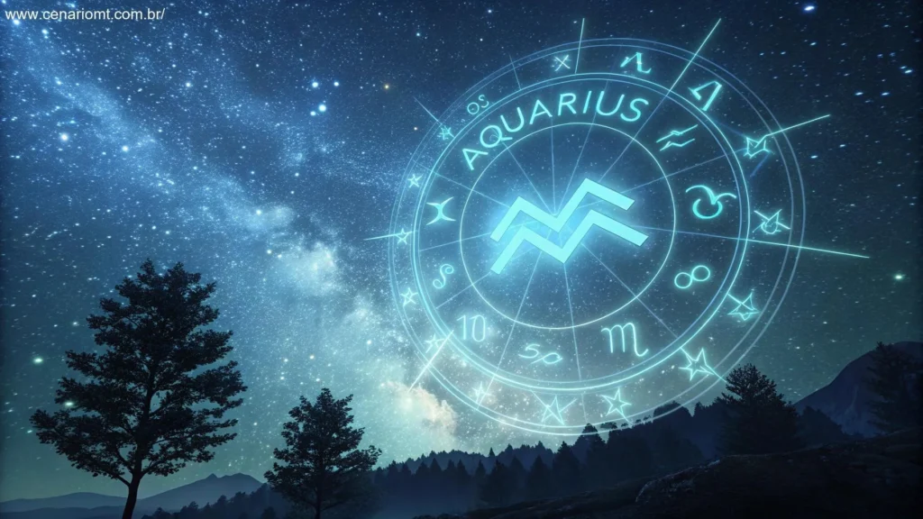 Cena mística mostrando o símbolo de Aquário brilhando no céu noturno, cercado por estrelas brilhantes e padrões abstratos, simbolizando orientação e insights extras para os aquarianos.