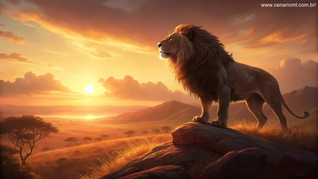 O início do dia para Leão, com a luz suave do amanhecer iluminando um símbolo de leão, pronto para a ação e liderança.