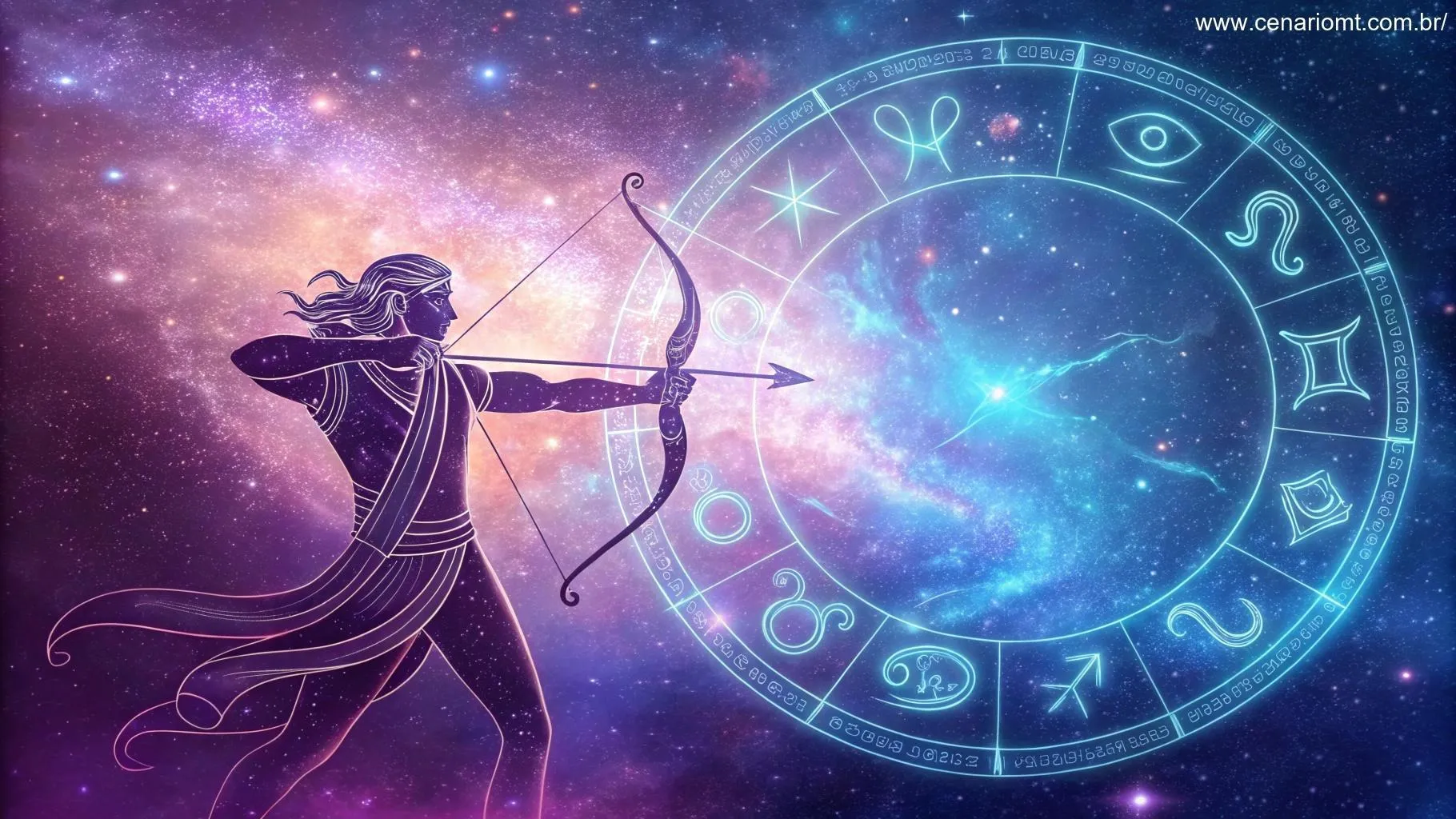 Influência dos astros sobre Sagitário, representado como um arqueiro em um cenário cósmico.