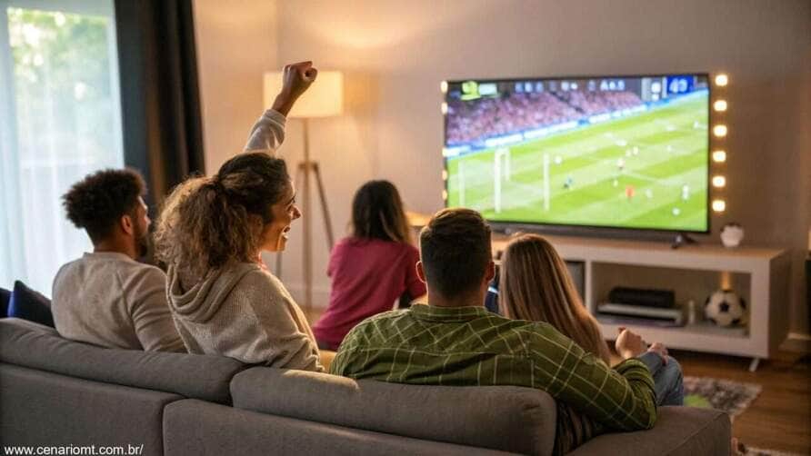 Pessoas assistindo ao jogo entre Al-Shabab e Al-Khaleej na televisão.
