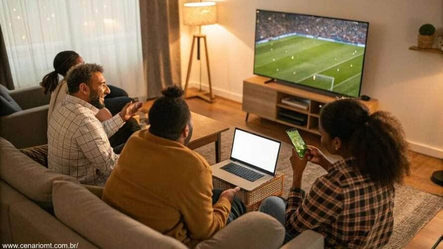 Pessoas assistindo ao jogo Al-Taawoun x Al-Ittihad em uma TV, analisando estatísticas em um laptop e celular.