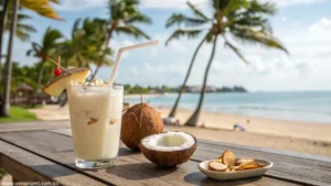 Imagem de uma batida de coco tropical em um copo, decorada com flocos de coco e um canudo, com fundo de palmeiras e praia.