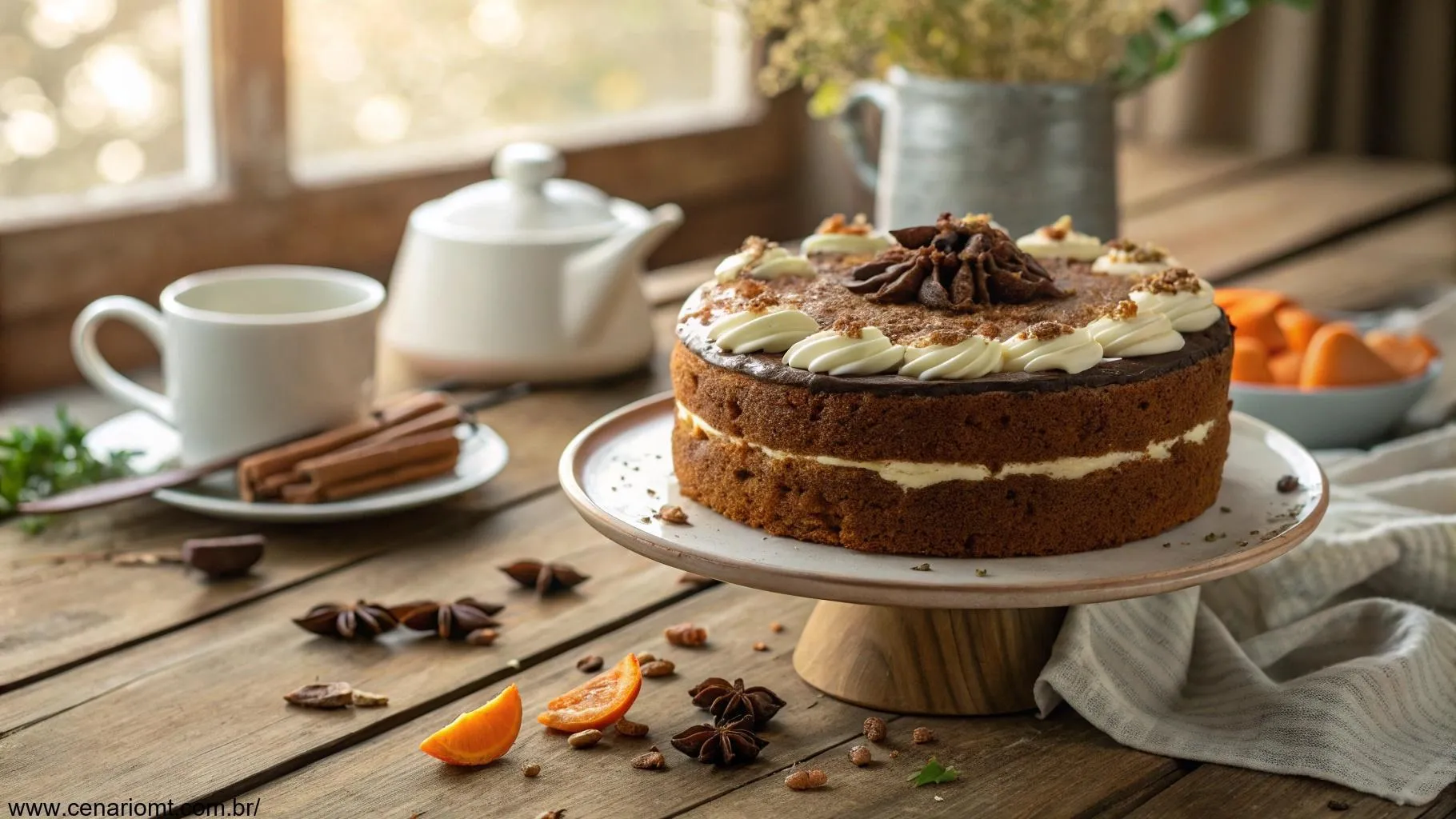 Bolo de cenoura com cobertura de chocolate cremoso servido em uma mesa de madeira rústica.
