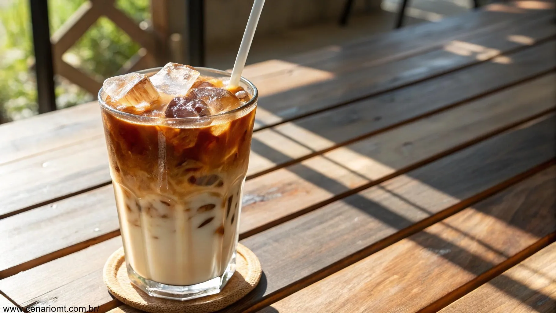 Café gelado refrescante com cubos de gelo e um toque de leite, servido em um copo com canudo sobre uma mesa de madeira sob luz solar.